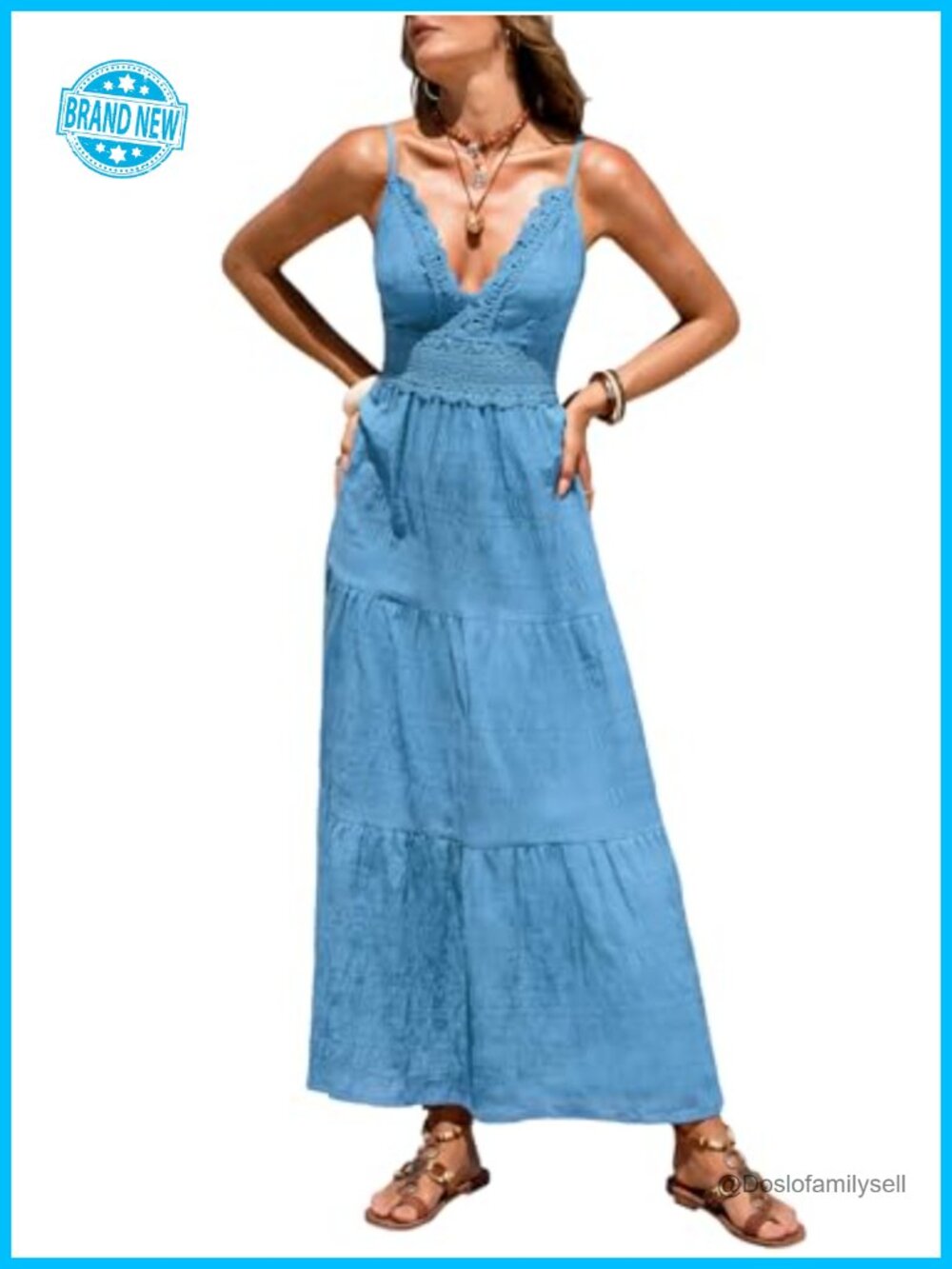 Boho Lace Trim Deep V-Neck Tie Back Maxi Cami Dress